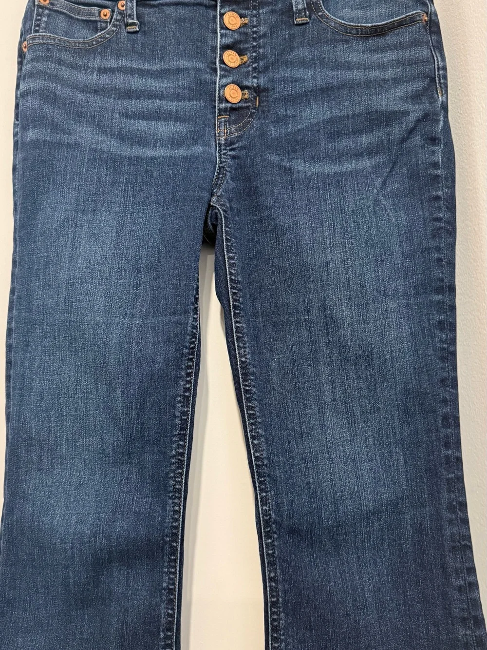 J. Crew Dark Indigo Crop Flare Jeans with Button Front